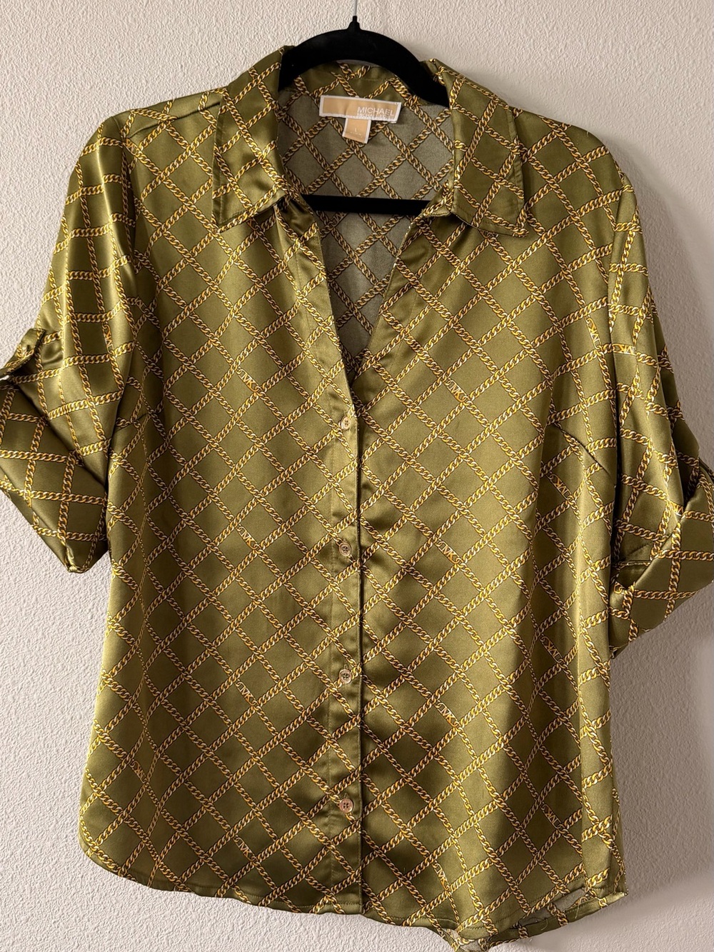 Michael Michael Kors Olive Gold Chain Print Satin Button-Up Blouse Size L